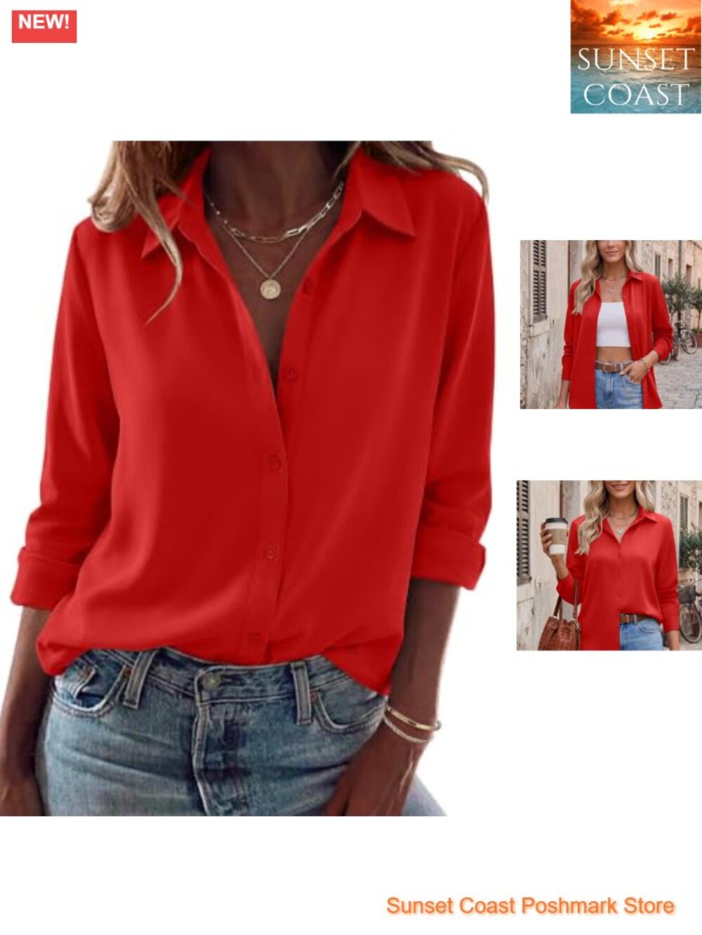Women's Button Down Blouse Long Sleeve Turn Down Collar Curved Hem